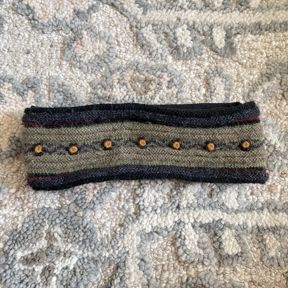 VTG Ski Ear Warmer Knit Wool Acrylic Blend Winter Fleece Lined Stripe Dots Green